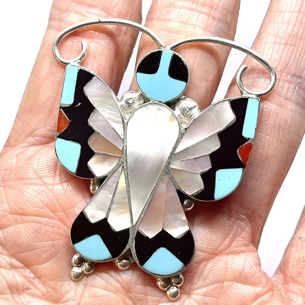 Huge Zuni Butterfly Ring Sz 8 Adjustable Sterling Turquoise Inlay Bug Native